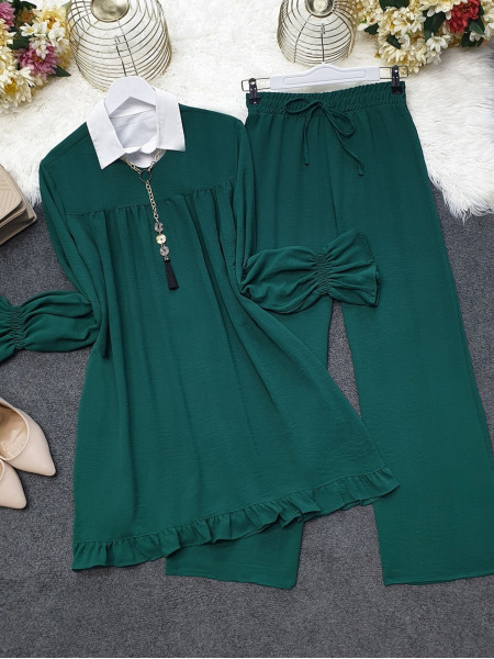 Elastic Arms Skirt Frilly Ayrobin Suit -Emerald