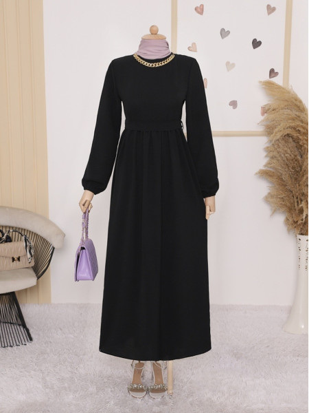 Belden Kuşaklı Pileli Kolyeli  Ayrobin Elbise  -Siyah