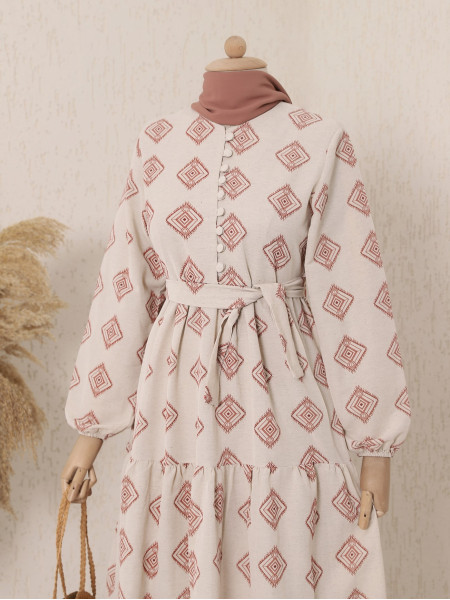 Buttoned Ethnic Pattern Linen Dress -Dried rose