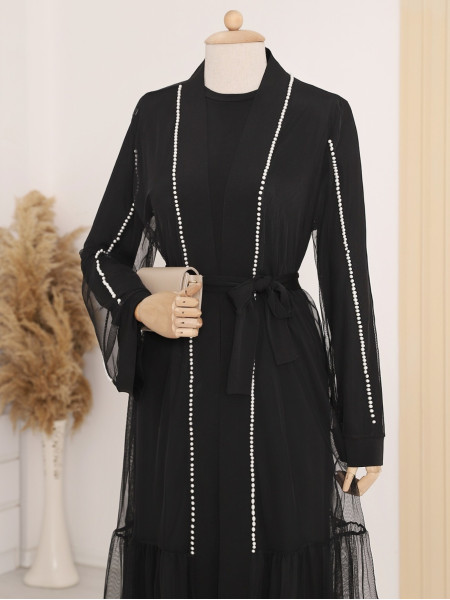Pearly Collar and Sleeves Tied Waist Double Abaya -Black
