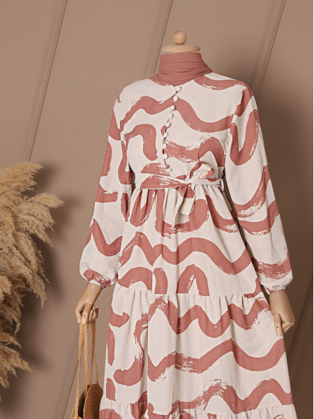 Buttoned Wave Pattern Linen Dress -Dried rose