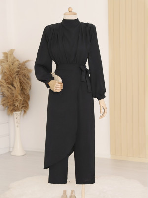 Skirt Detailed Waisted Ayrobin Jumpsuit -Black