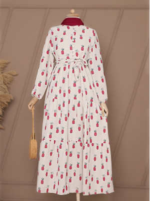 Buttoned Pineapple Printed Linen Dress -Pink