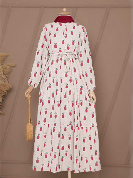 Buttoned Pineapple Printed Linen Dress -Pink