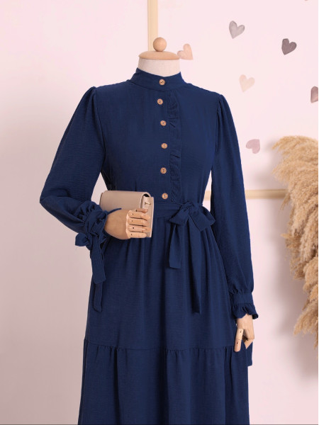 Lace-Up Sleeves Frilly Front Aerobatic Dress -Navy blue