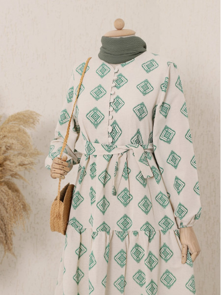 Buttoned Ethnic Pattern Linen Dress -Green