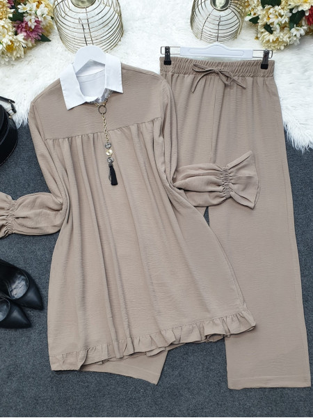 Elastic Arms Skirt Frilly Ayrobin Suit -Mink color