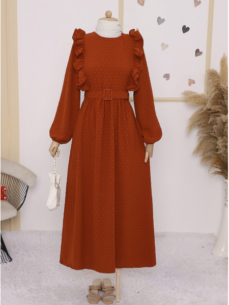 Frilly Belted Dress -Brick color