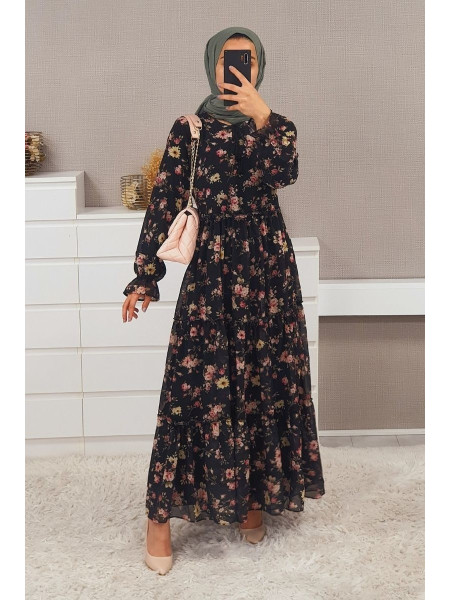 Floral Chiffon Dress -Black