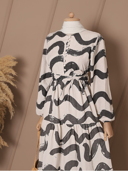 Buttoned Wave Pattern Linen Dress -Smoked 