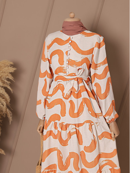 Buttoned Wave Pattern Linen Dress -Orange