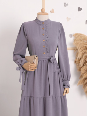 Half Buttoned Ayrobin Dress With Lace-Up Sleeves With Belt -Grey