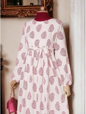 Pleated Waist Belted Linen Dress -Fuchsia