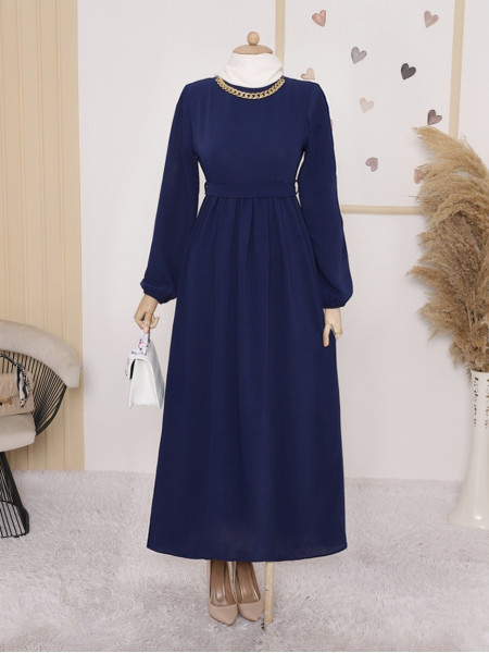 Waist Belted Pleated Collared Ayrobin Dress  -Navy blue