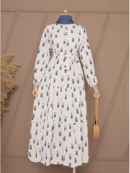 Buttoned Pineapple Printed Linen Dress -Blue