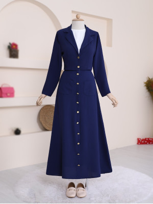 Button Detailed Skirted Ayrobin Suit -Navy blue
