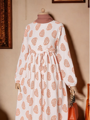 Pleated Waist Belted Linen Dress -Orange