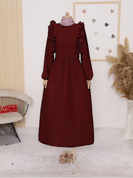 Frilly Belted Dress -Maroon