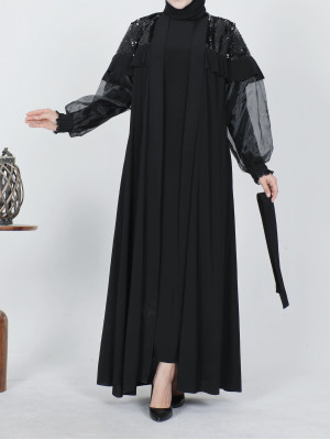 Sequin Shoulders Sequin Sleeve Tulle Double Abaya -Black