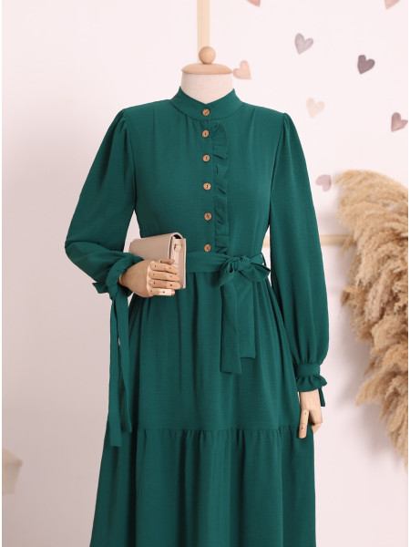 Lace-Up Sleeves Frilly Front Aerobatic Dress -Emerald
