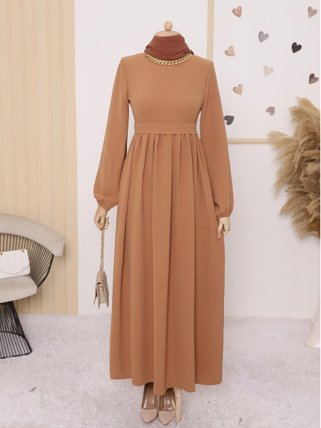 Waist Belted Pleated Collared Ayrobin Dress -Cinnamon