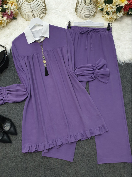 Elastic Arms Skirt Frilly Ayrobin Suit -Lilac