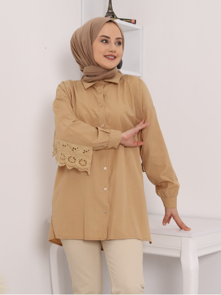 Poplin Fabric Shirt with Ruched Back Sleeves -Mink color