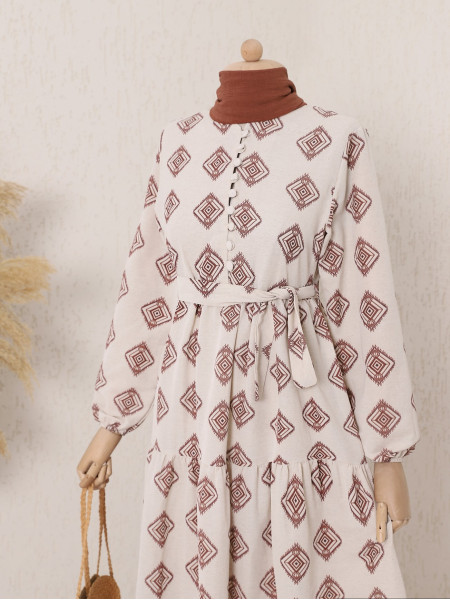Buttoned Ethnic Pattern Linen Dress -Brown