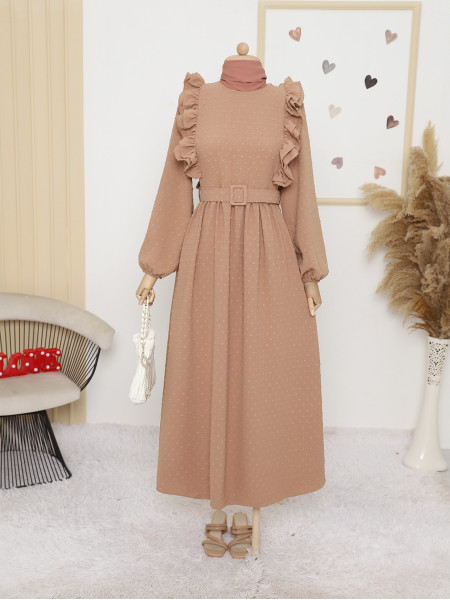 Frilly Belted Dress -Mink color
