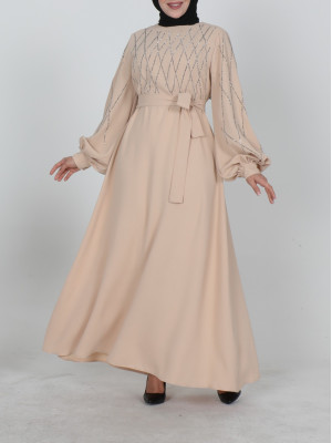 Round Neck Tied Waist Dress With Stones On The Front And Sleeves - Beige