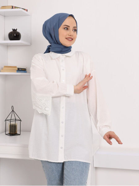 Poplin Fabric Shirt with Ruched Back Sleeves -White