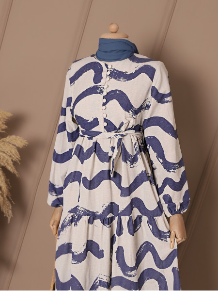 Buttoned Wave Pattern Linen Dress -İndigo