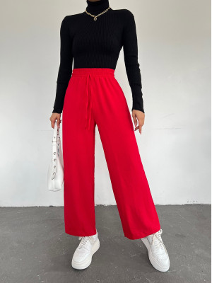 Elastic Waist Lace Detail Ayrobin Trousers -Red