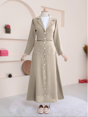 Button Detailed Skirted Ayrobin Suit - Beige