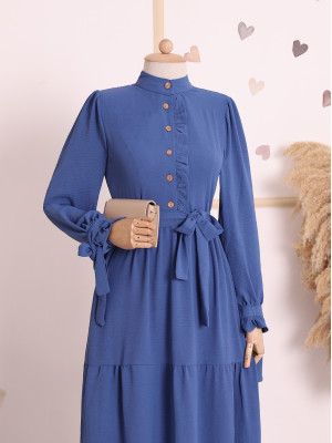 Half Buttoned Ayrobin Dress With Lace-Up Sleeves With Belt -İndigo
