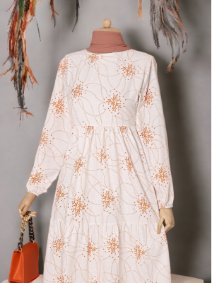 Patterned Sequined Elastic Sleeve Linen Dress -Orange