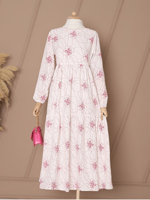 Patterned Sequined Elastic Sleeve Linen Dress -Fuchsia