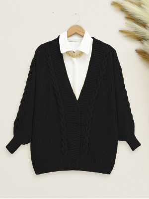 Knitted Chain Detailed Winter Cardigan -Black