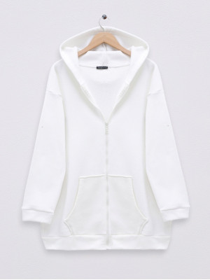 Zippered Hooded Pocket Fleece Sweat -White
