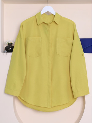 Double Pocket Oval Cut Buttoned Shirt -Oil Green