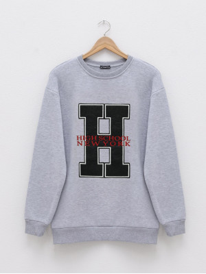 Front Embroidered Crew Neck Sweat Tunic -Grey