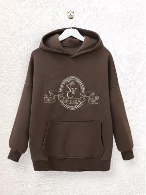 Front Embroidered Hooded Sweat -Brown
