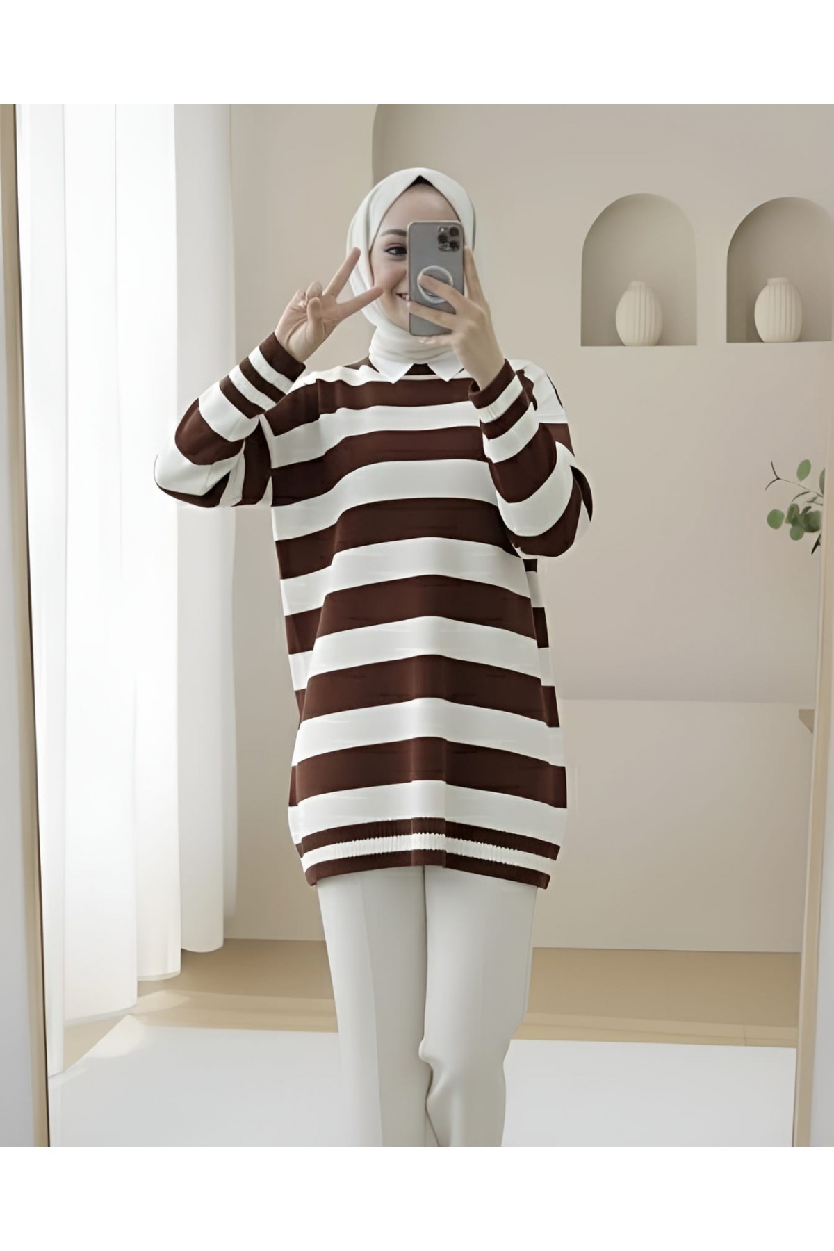 Side Striped Soft Winter Knitwear Tunic  -Brown