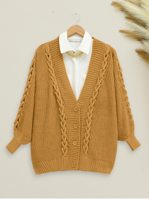 Knitted Chain Detailed Winter Cardigan -Cinnamon