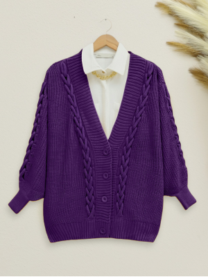 Knitted Chain Detailed Winter Cardigan  - Purple
