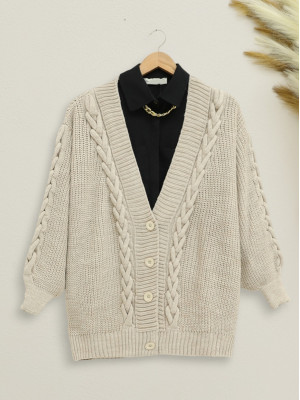 Knitted Chain Detailed Winter Cardigan  -Stone