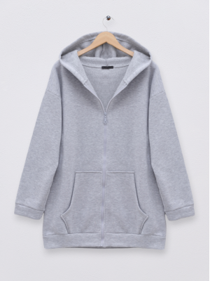 Zippered Hooded Pocket Fleece Sweat -Grey