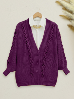 Knitted Chain Detailed Winter Cardigan  -Damson