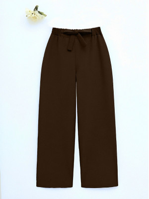 Double Fabric Waist Belted Wide Leg Trousers  -Brown