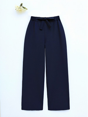 Double Fabric Waist Belted Wide Leg Trousers -Navy blue